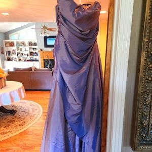 Stunning strapless iridescent silk eggplant-colored ballgown; size 20